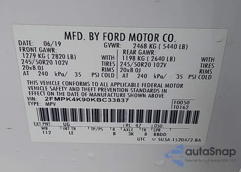 2019 Ford Edge Titanium z USA, uszkodzony, nr VIN 2FMPK4K90KBC33837